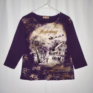 Blue Canyon Sequin Graphic T-Shirt Women PXL Purple Happy Holidays Winter Grunge